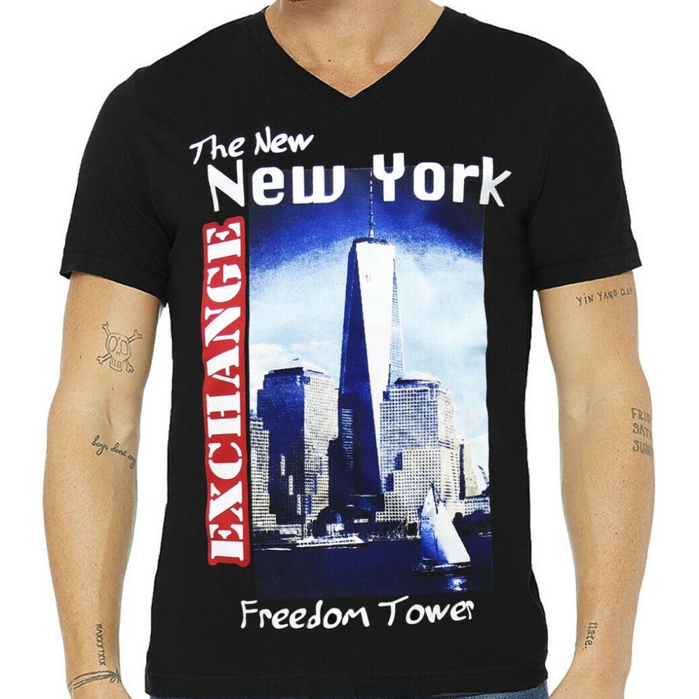 NWT EXCHANGE NEW YORK MEN'S BLACK V-NECK SHORT SLEEVE T-SHIRT SIZE S M L XL